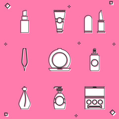 Poster - Set Lipstick, Lotion cosmetic tube, Eyebrow tweezers, Makeup powder with mirror, Spray can, Perfume and Bottle of liquid soap icon. Vector