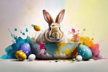 Wall Mural - Funny Rabbit broke a hole in a paper background, fluffy eared rabbit, banner with an Easter bunny and falling flying colored Easter eggs, a rabbit jumps out of a torn hole, Generative AI