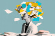 Tired woman working in the office, head full paper explosion, fast-paced life, time management, work-life balance, modern art collage, modern design, Generative AI