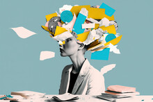 Tired Woman Working In The Office, Head Full Paper Explosion, Fast-paced Life, Time Management, Work-life Balance, Modern Art Collage, Modern Design, Generative AI