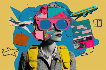 young woman travel with backpack, planes, travel itinerary, vacation planning, modern art collage, c