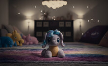 Pony Plush Toy Lying In Cute Room Made From Plush Fabric On Big Plush Fabric Rug For A Background With No Toys On Picture