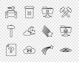 Sticker - Set line Unknown document, UFO flying spaceship, FTP cancel operation, Cloud mail server, Car rental, with moon and stars, Falling and folder download icon. Vector