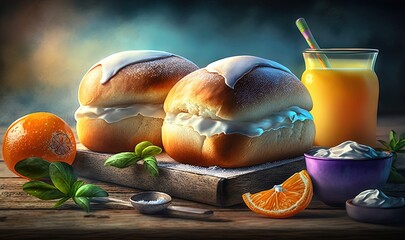  a painting of two loaves of bread and a glass of orange juice on a wooden table with orange slices and a bowl of whipped cream.  generative ai