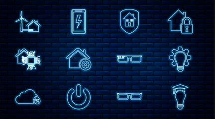 Wall Mural - Set line Light bulb and graduation cap, gear, House under protection, Smart home settings, with wind turbine, glasses and Mobile charging battery icon. Vector