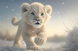 Cute white baby lion playing in winter snow generative ai