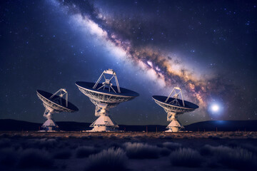 Radio telescopes night sky with Milky Way. Concept search for exoplanets, detection of aliens. AI generation