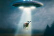 View rural landscape with cows and UFO. The concept of nightly abduction of living beings by aliens of other civilizations. Generative AI