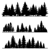 Fototapeta Las - Pine trees and forest silhouettes set in monochrome style isolated vector illustration
