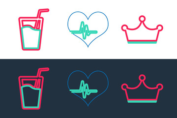 Poster - Set line Crown, Glass with water and Heart rate icon. Vector