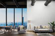 large urban skyline loft office with white wall and canvas mock up; copy space panoramic window skyline view, 3D Illustration