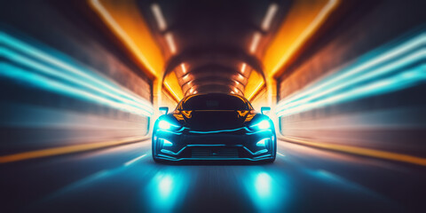 Wall Mural - a modern car speeding through a tunnel with neon glowing motion blur lights. generative ai