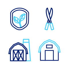 Wall Mural - Set line Farm house, Gardening handmade scissors and Shield with leaf icon. Vector