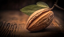  A Nut On A Wooden Table With A Leaf On It's Stem And A Dark Background With A Light Brown Surface And A Dark Wood Grainy Surface.  Generative Ai