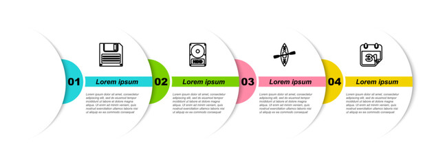 Sticker - Set line Floppy disk, Hard drive HDD, Kayak and paddle and Calendar. Business infographic template. Vector