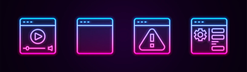 Canvas Print - Set line Online play video, Browser window, with exclamation mark and setting. Glowing neon icon. Vector