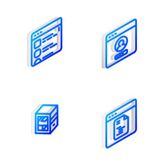 Sticker - Set Isometric line Create account screen, Browser files, Computer and Software icon. Vector