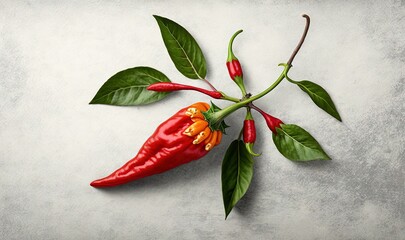 Wall Mural -  a red chili pepper with green leaves on a gray background with a white background and a gray background with a white background and a red chili pepper on a green stem.  generative ai