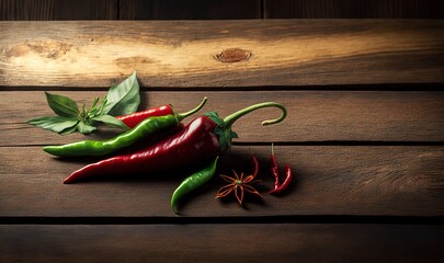 Wall Mural -  three red and green peppers on a wooden surface with leaves and a spider on the side of the pepper, and a green leafy plant on the other side of the pepper.  generative ai