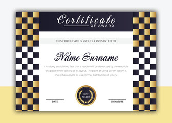 Blue and gold certificate of award template with black luxury badge and frame. Elegant certificate template.