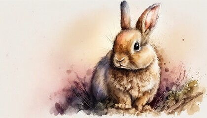  a watercolor painting of a rabbit sitting on the ground with a pink background and a white background with a brown and black rabbit on it's face.  generative ai