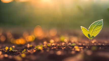 the first young green little sprouts of plants in the dew grow from the ground at dawn in the sunlig