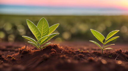 Wall Mural - The first young green little sprouts of plants in the dew grow from the ground at dawn in the sunlight on a spring morning. Close up, macro. The concept of the origin of life. Generative AI.