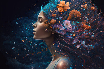 dreamlike portrait of a woman with hair made of flowers wearing a galaxy dress, generative ai