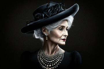 Elegant and refined abstract portrait of a woman with silver hair, wearing a classic black dress and accessorized with pearls and a hat, generative ai