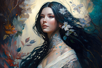 Enchanting portrait of a beautiful woman with long black hair, wearing a flowing white gown and surrounded by abstract floral patterns, generative ai