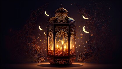 Ramadan Kareem greeting card. Ramadan Kareem background with mosque and lanterns. generative Ai