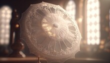  A White Lace Umbrella Sitting On Top Of A Wooden Table Next To A Stained Glass Window In A Dark Room With Light Coming Through The Windows.  Generative Ai