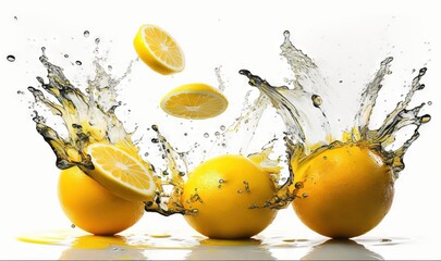  a group of oranges with splashing water on them and one orange on the other side of the image with a white back ground.  generative ai