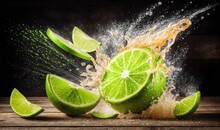  Limes Are Being Splashed With Water On A Wooden Table With A Black Background And A Wooden Table With A Wooden Table Top And A Wooden Table With A Wooden Surface.  Generative Ai