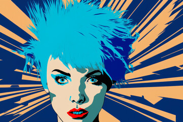 Wall Mural - Pop Art-Inspired portrait of a Woman with Electric Blue Hair and a Bold Outfit, generative ai