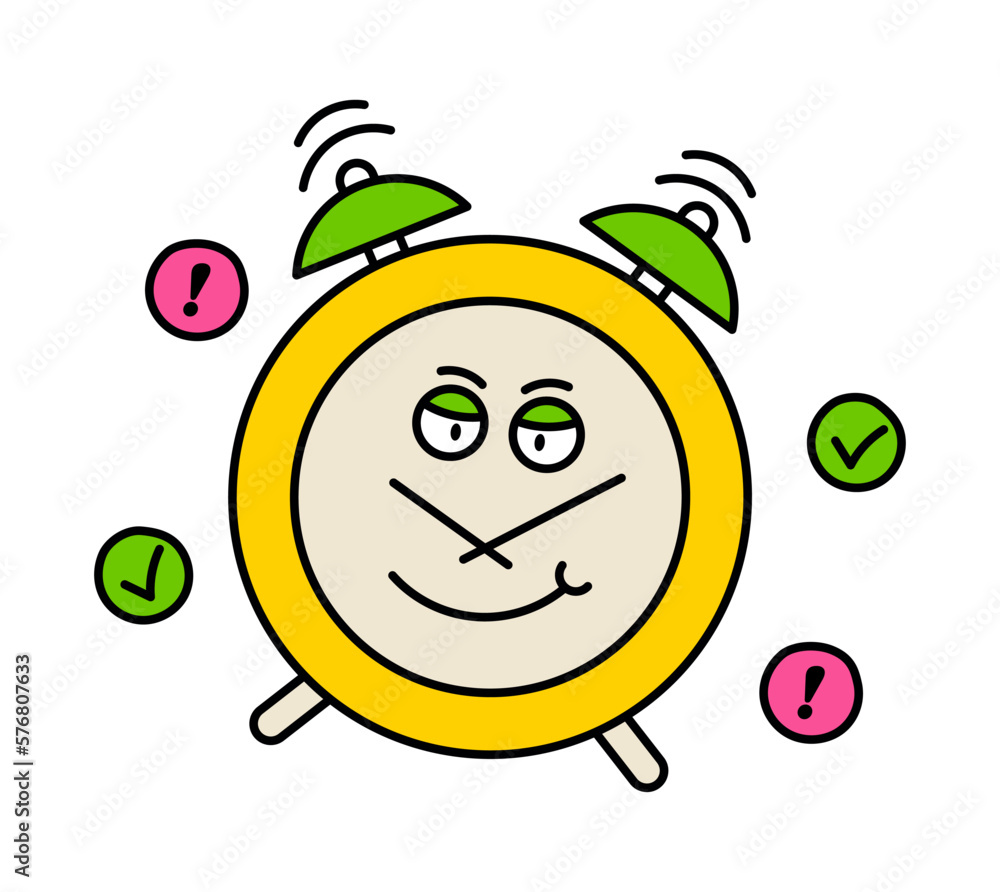 Cute old cartoon character. Concept of time management. Successful completion of tasks. Efficiency and productivity. Clock with done icon. Cartoon flat vector illustration