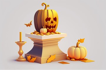 Canvas Print - Decorations for Halloween on a white background with a pumpkin and a minimalist pedestal to exhibit a product. Spooky Halloween website, banner, or background template. Generative AI