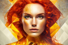 Striking Portrait Of A Beautiful Woman With Curly Red Hair And A Shimmering Golden Outfit, Set Against A Background Of Abstract Geometric Shapes, Generative Ai