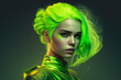 © aicandy - Surreal Portrait of a Beautiful Woman with Neon Green Hair and a Futuristic Outfit, generative ai
