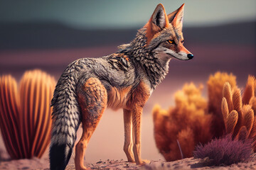 Wall Mural - Beautiful photo coyote, natural background. Generative AI technology.
