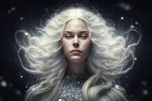Surreal Portrait Of An Otherworldly Woman With Long, White Hair, Dressed In A Silver Gown, With Galaxies And Stars Glowing Around Her, Generative Ai
