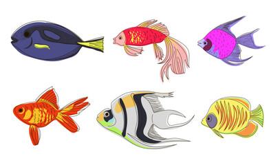 Wall Mural - Set of bright fish in doodle style. Vector illustration of six fish isolated on a white background.