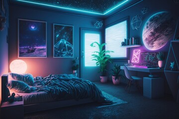 Bedroom with decoration of universe and space. Room with led and neon lighting, Generative AI