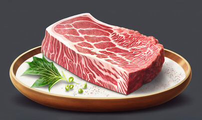  a piece of steak on a plate with a sprig of parsley on the side of it and a piece of meat on the plate.  generative ai