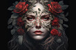 © aicandy - Beautiful woman with a mask of roses over her face and hair in a braid, generative ai
