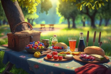 Picnic in park with garden and trees, Picnic table in park with trees, Generative AI