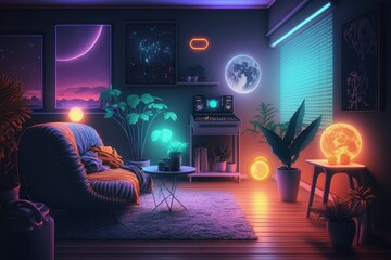 Living room with universe and space decoration with led and neon lights, Generative AI