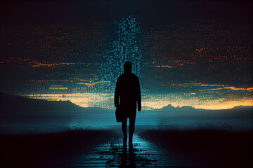 Leinwandbilder - silhouette person Digital binary data on computer screen