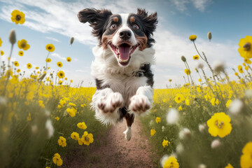 funny and happy dog jumping on a flower meadow