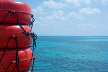 Safety At Sea For Passengers With Life Rafts On Ferry Sailing In The Caribbean Sea In Mexico